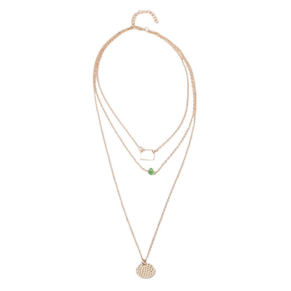 Fashionable Green Diamond Disc Square Alloy Necklace With 3 Layers