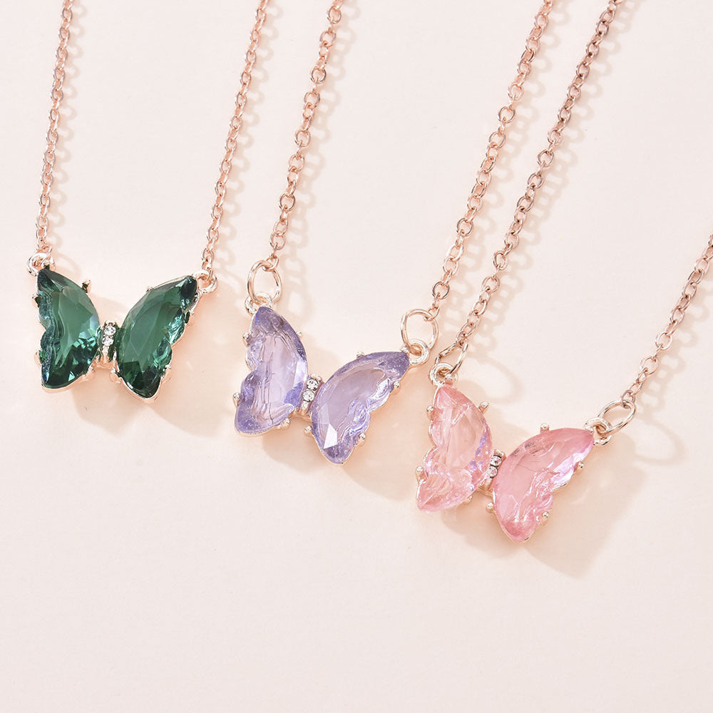 Womens Glass Crystal Butterfly Pendant Necklace