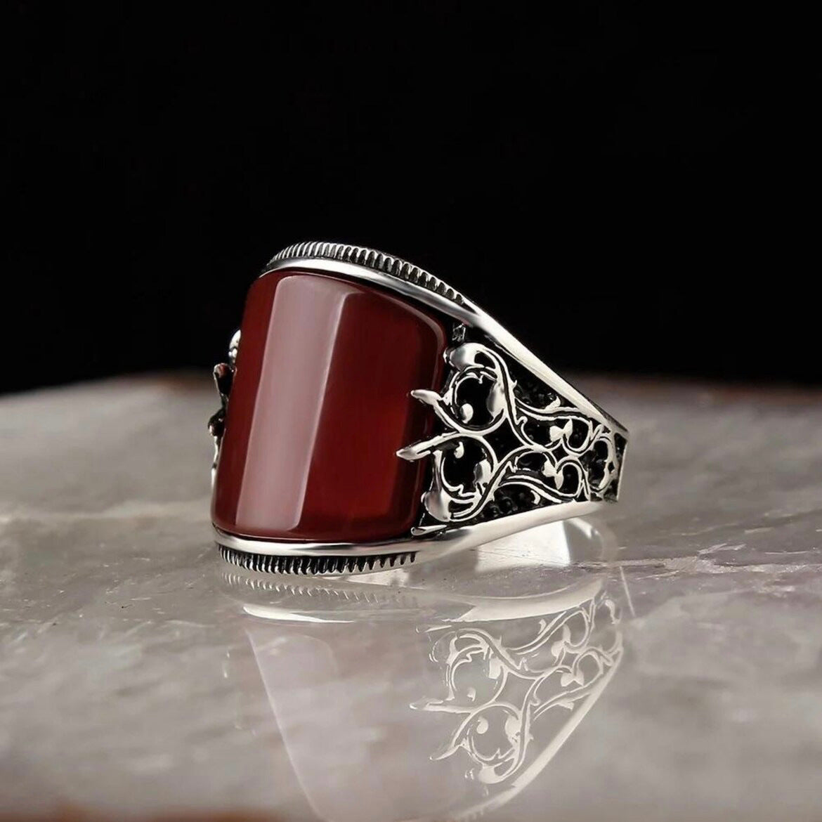 Handcrafted Red Baked-paint Relief-pattern Ring