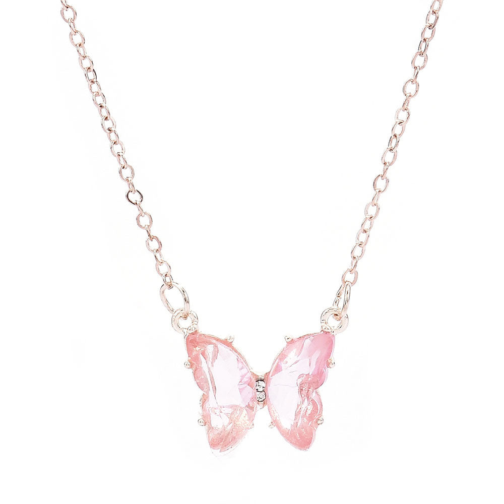 Womens Glass Crystal Butterfly Pendant Necklace