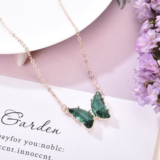 Womens Glass Crystal Butterfly Pendant Necklace