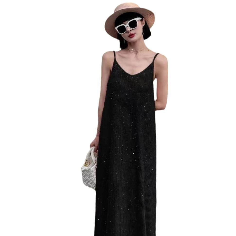 Design Sequin Pleated Temperament Camisole Dress