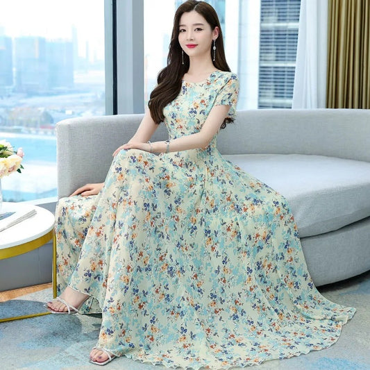 Womens Short Sleeve Floral Dress High Waisted And Loose Fitting