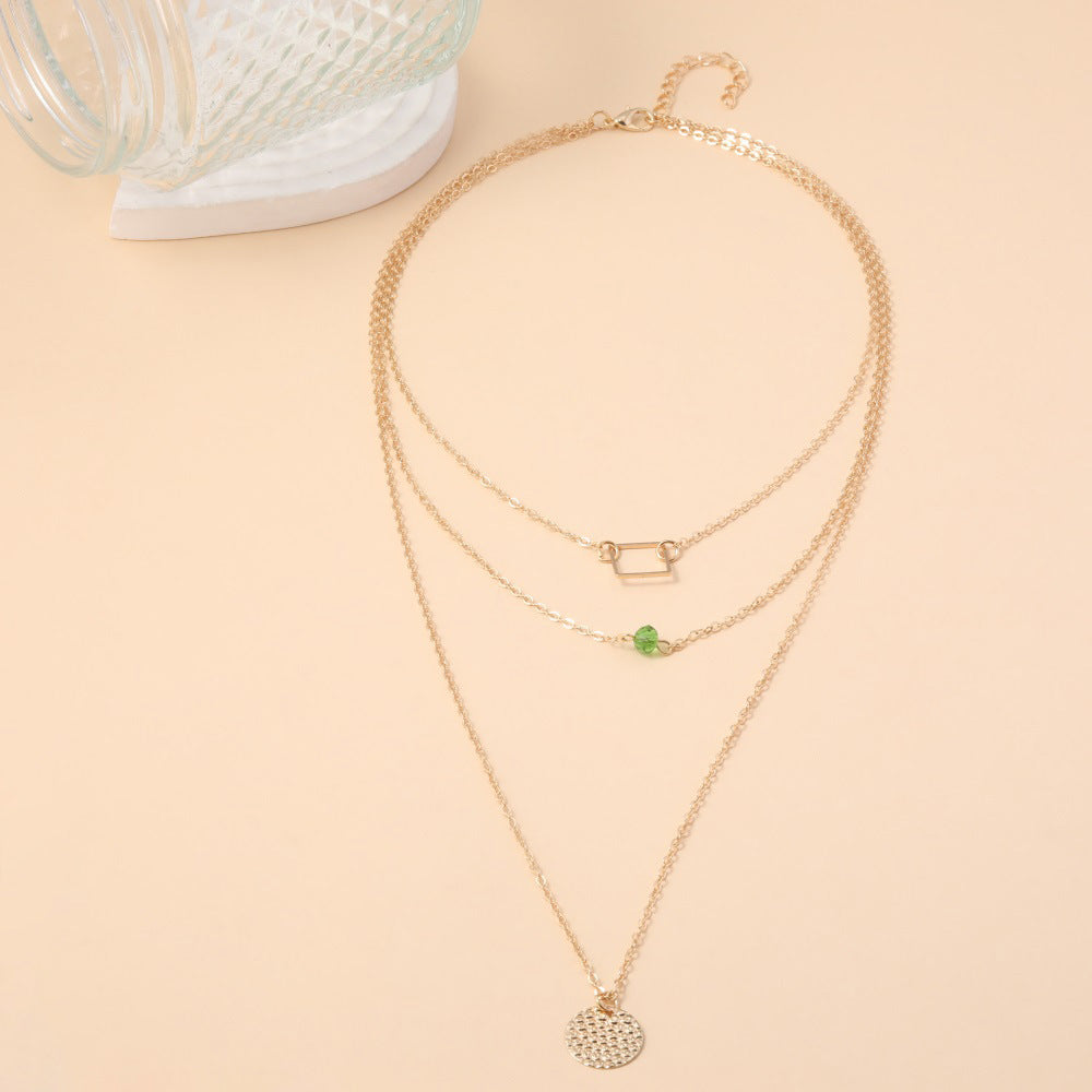 Fashionable Green Diamond Disc Square Alloy Necklace With 3 Layers