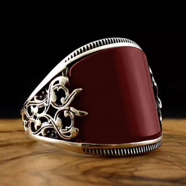 Handcrafted Red Baked-paint Relief-pattern Ring